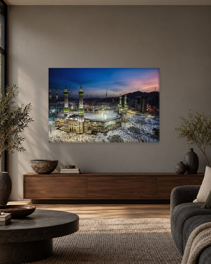 Kaaba Mecca Canvas Wall Art - Masjid al-Haram at Dusk with Glowing Minarets - Gallery Canvas - 38mm / 48 x 32 / Unframed preview