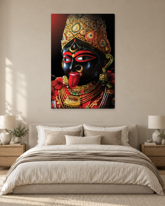 Maa Kali Canvas Wall Art - Goddess Kali Face on Black, Portrait - Gallery Canvas - 38mm / 48 x 32 / Unframed preview