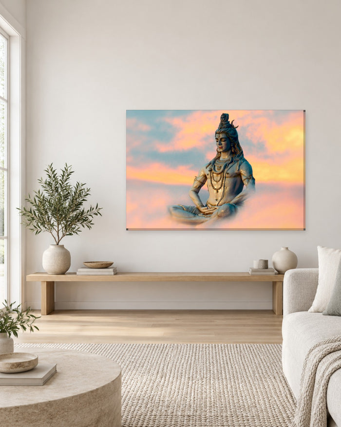 Lord Shiva Meditating Canvas Wall Art - Om Namah Shivaya, Shiva in Sunset Clouds - Gallery Canvas - 38mm / 48 x 32 / Unframed preview
