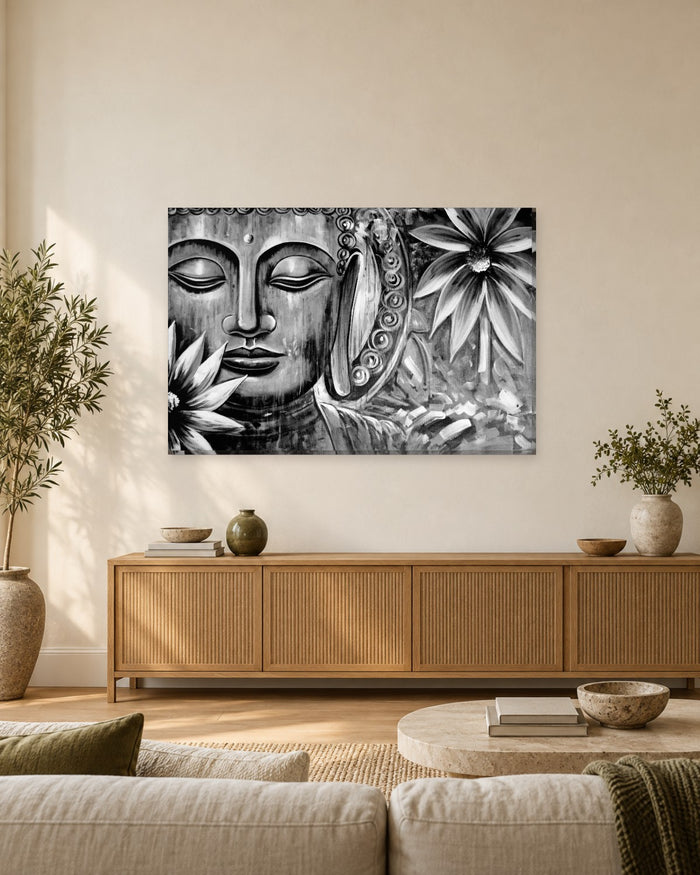 Buddha Canvas Wall Art - Meditating Buddha Face with Flowers in Black and White - Gallery Canvas - 38mm / 48 x 32 / Unframed preview
