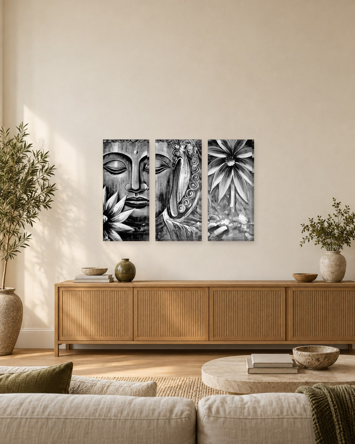 Buddha Canvas Wall Art - Meditating Buddha Face with Flowers in Black and White - Gallery Canvas - 38mm / 48 x 32 / Unframed preview