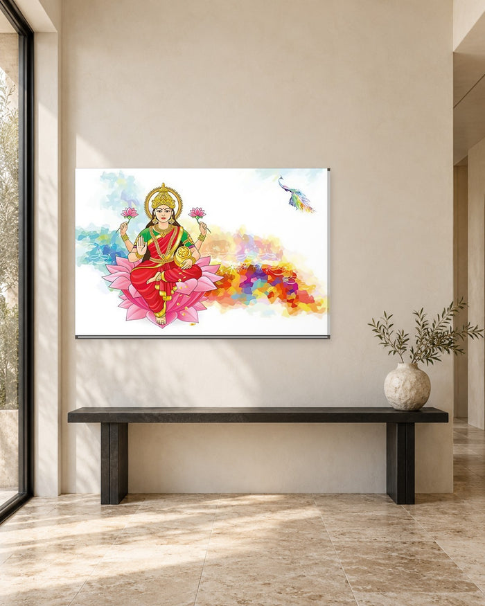 Goddess Lakshmi Canvas Wall Art - Lakshmi on a Pink Lotus, Watercolour - Gallery Canvas - 38mm / 48 x 32 / Unframed preview