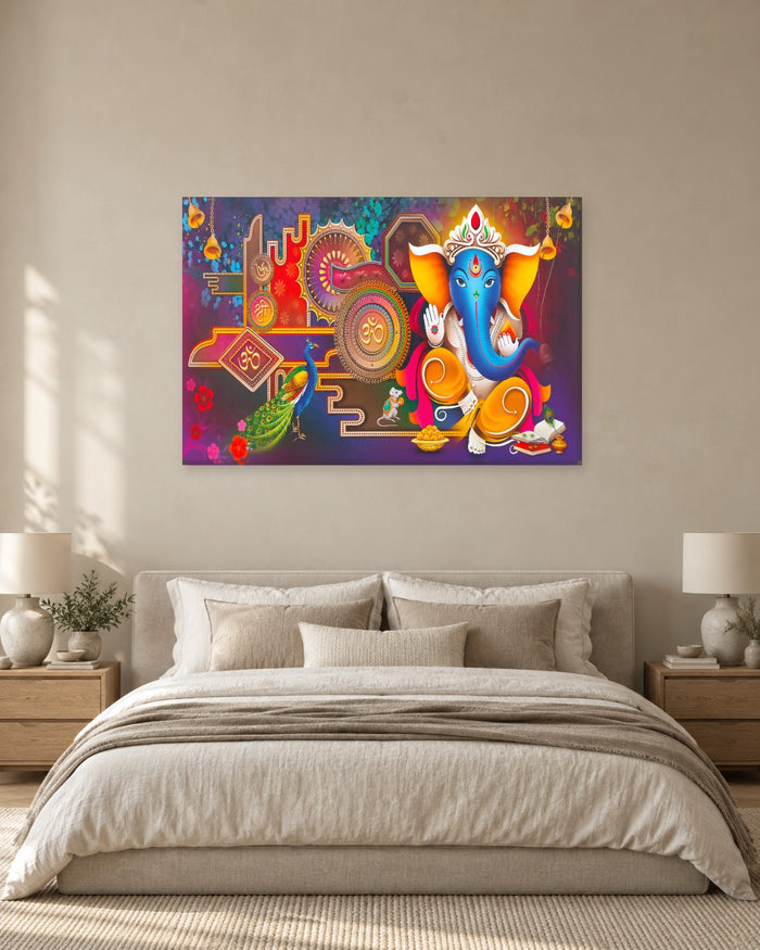 Ganesha Canvas Wall Art - Colourful Modern Lord Ganesh with Om Symbols - Gallery Canvas - 38mm / 48 x 32 / Unframed preview