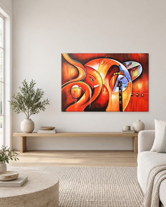 Ganesha Canvas Wall Art - Abstract Elephant God in Orange, Red and Yellow - Gallery Canvas - 38mm / 48 x 32 / Unframed preview