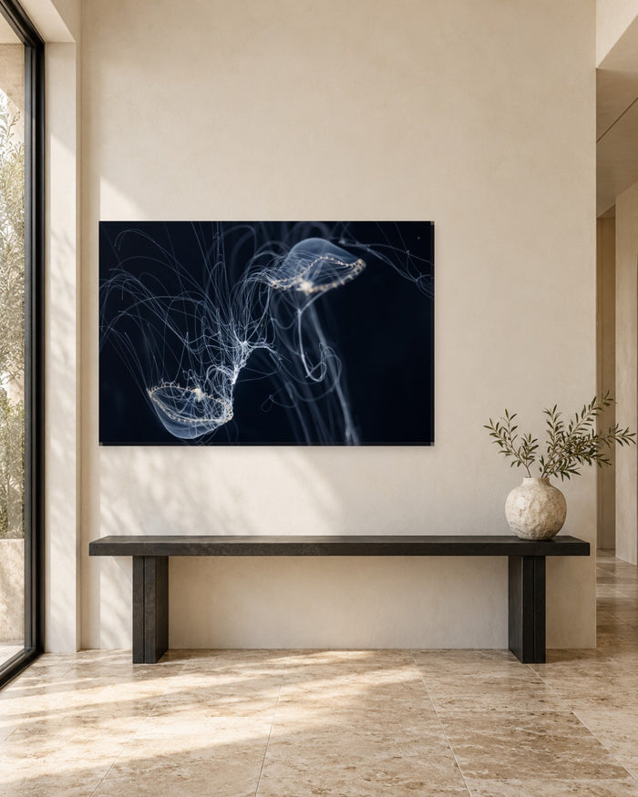 Jellyfish Canvas Wall Art - Glowing White Jellyfish on Black - Gallery Canvas - 38mm / 48 x 32 / Unframed preview
