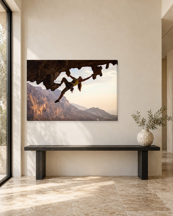 Rock Climbing Canvas Wall Art - Climber on an Overhang Above a Mountain Valley - Gallery Canvas - 38mm / 48 x 32 / Unframed preview