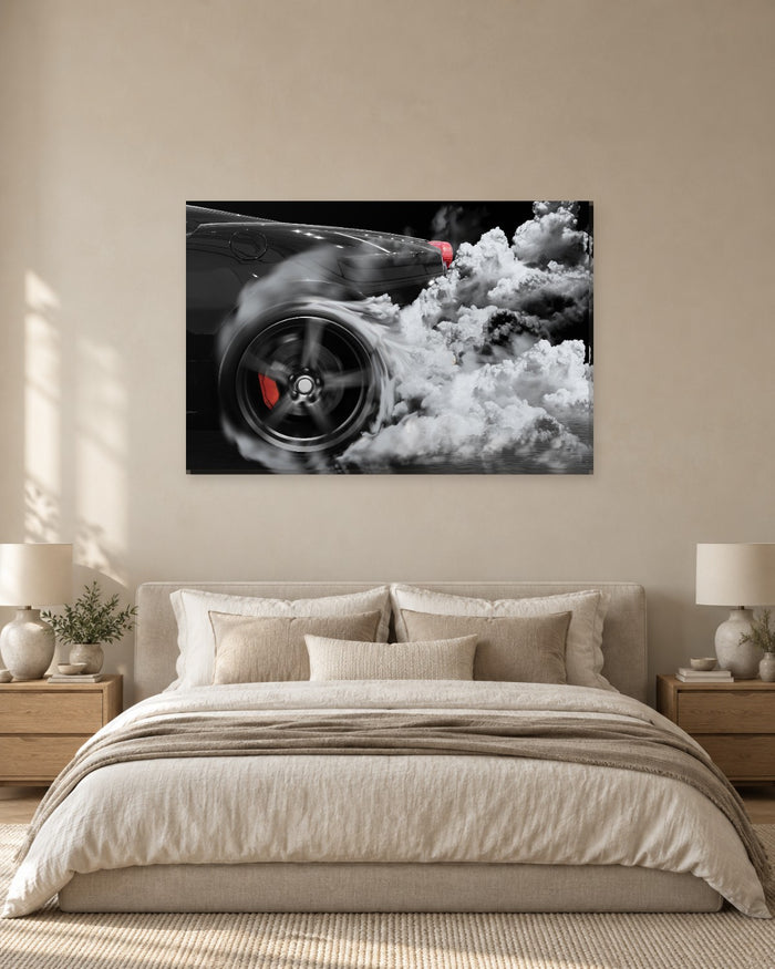 Sports Car Canvas Wall Art - Spinning Tyre and Smoke, Black and White with Red - Gallery Canvas - 38mm / 48 x 32 / Unframed preview