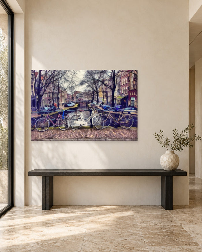 Amsterdam Canal Canvas Wall Art - Bicycles on a Bridge, Painted Effect - Gallery Canvas - 38mm / 48 x 32 / Unframed preview