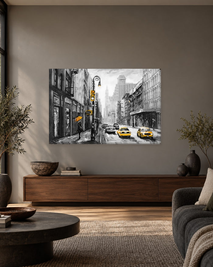 New York Street Canvas Wall Art - Black and White Painting with Yellow Taxis - Gallery Canvas - 38mm / 48 x 32 / Unframed preview