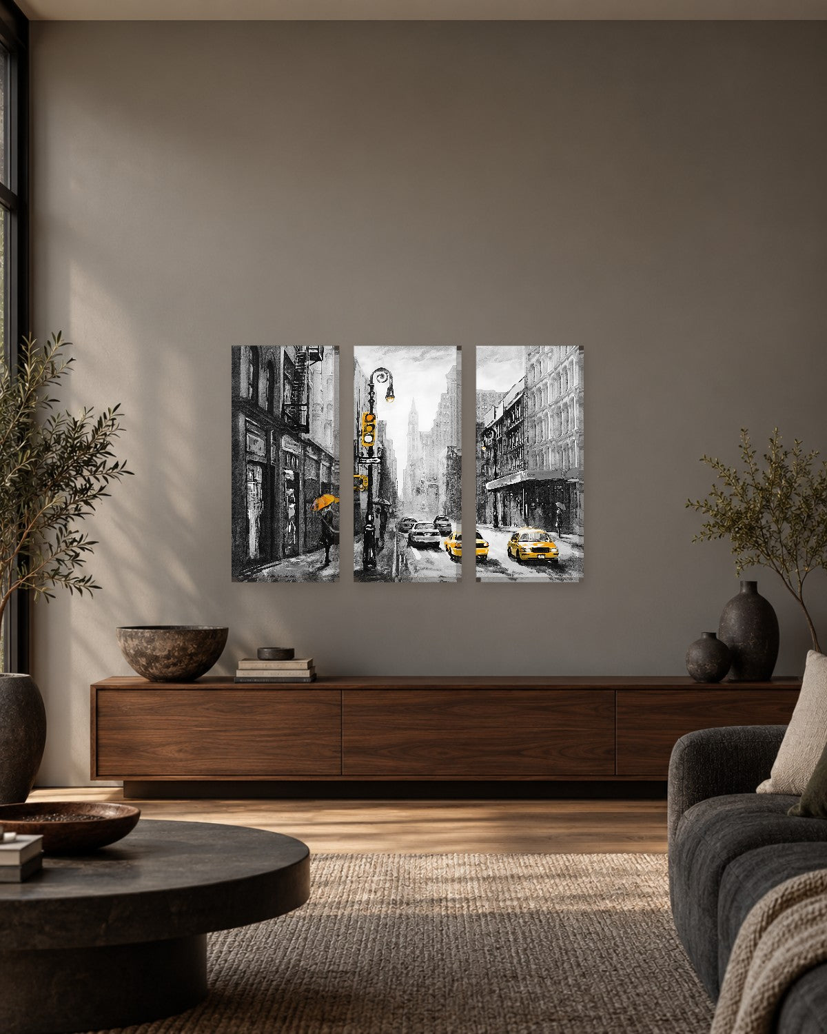 New York Street Canvas Wall Art - Black and White Painting with Yellow Taxis - Gallery Canvas - 38mm / 48 x 32 / Unframed preview