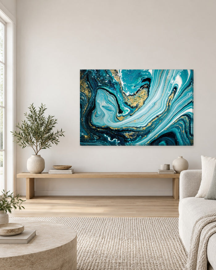 Blue Gold and Black Liquid Marble Canvas Wall Art - Teal Swirl with Gold Glitter - Gallery Canvas - 38mm / 48 x 32 / Unframed preview