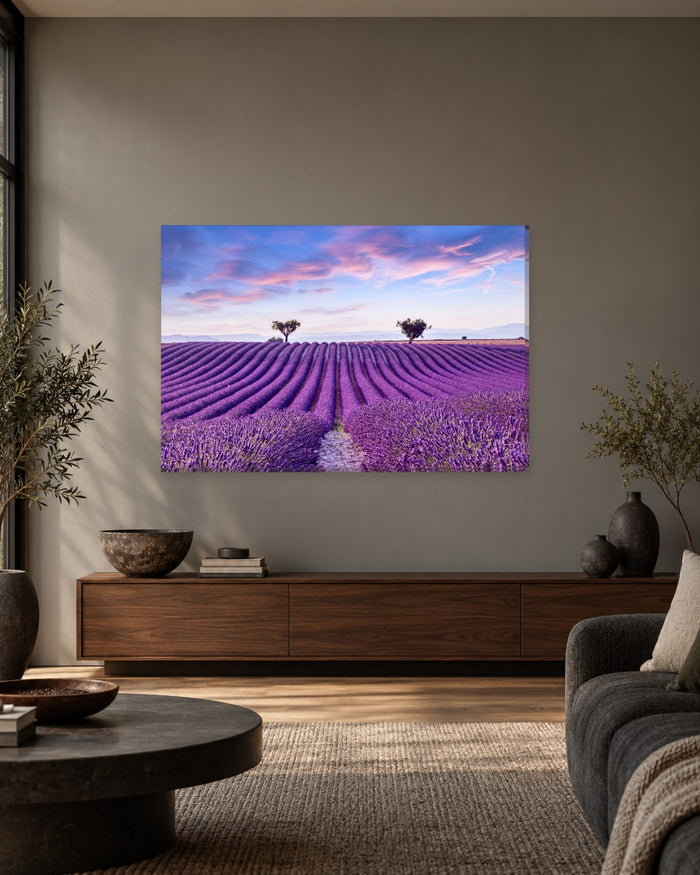 Lavender Field Canvas Wall Art - Purple Rows and Two Trees at Sunset - Gallery Canvas - 38mm / 48 x 32 / Unframed preview