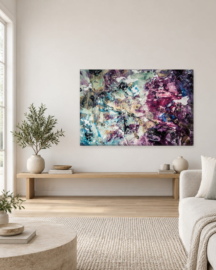 Abstract Brushstroke Canvas Wall Art - Purple, Turquoise and Cream Textures - Gallery Canvas - 38mm / 48 x 32 / Unframed preview