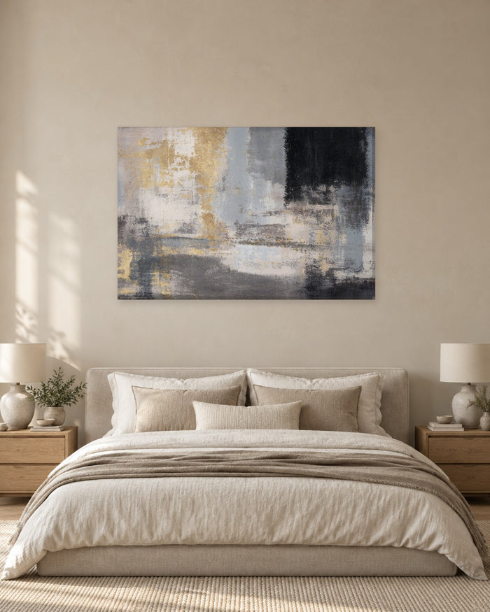 Abstract Grey and Black Canvas Wall Art - Distressed Texture with Gold Streaks - Gallery Canvas - 38mm / 48 x 32 / Unframed preview
