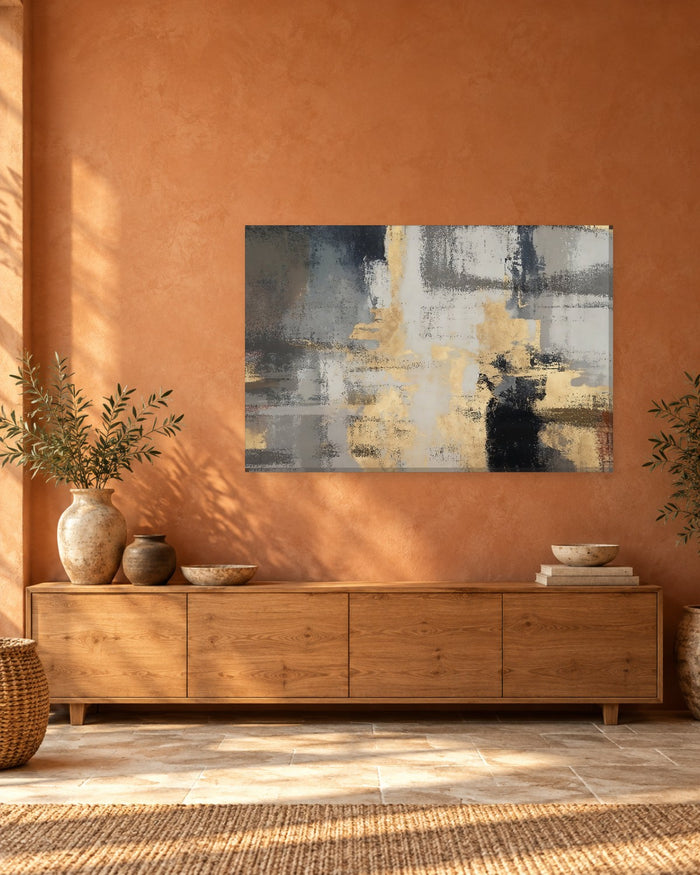 Abstract Gold and Grey Canvas Wall Art - Vintage Textured Brushwork with Black - Gallery Canvas - 38mm / 48 x 32 / Unframed preview