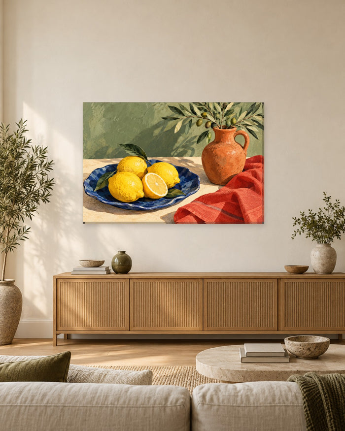 Lemons on a cobalt blue plate beside a terracotta jug of olive branches – lemon kitchen canvas wall art