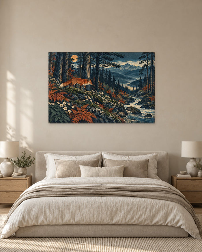 Red fox walking through moonlit indigo pine forest above a mountain river – fox forest canvas wall art