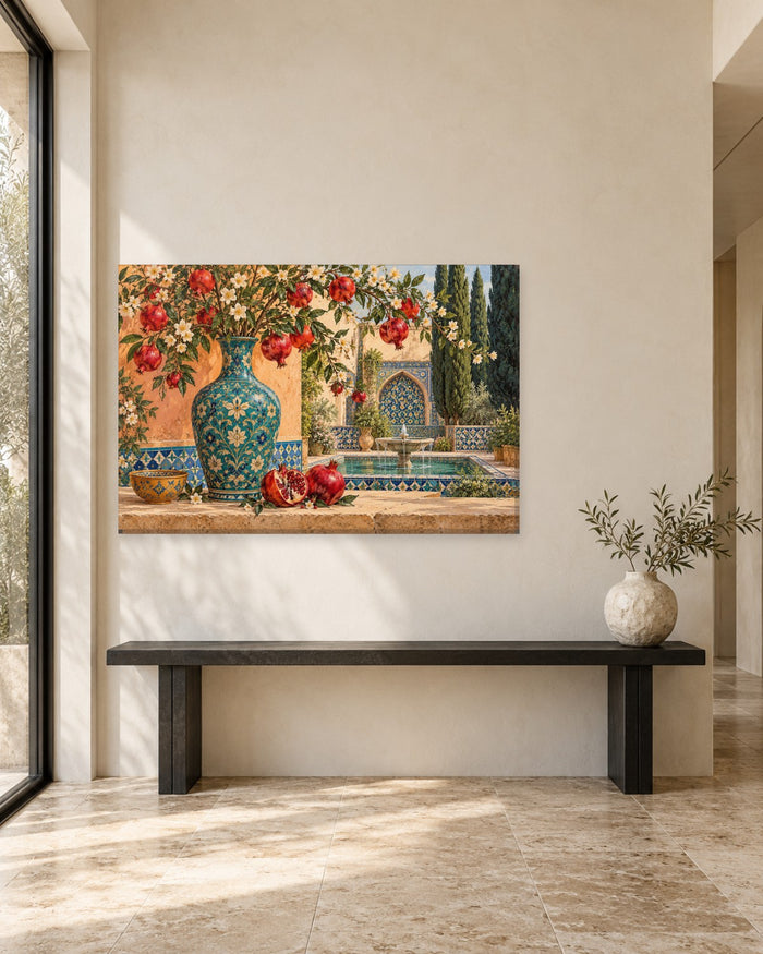 Pomegranate branches in a teal vase in a Moorish tiled courtyard with fountain – pomegranate canvas wall art