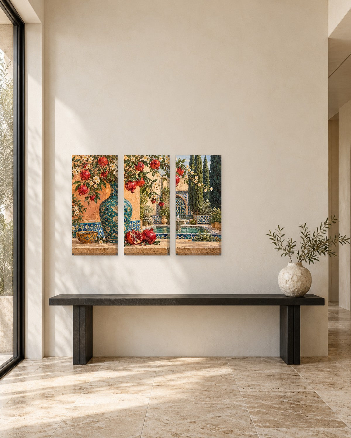 Pomegranate branches in a teal vase in a Moorish tiled courtyard with fountain – pomegranate canvas wall art