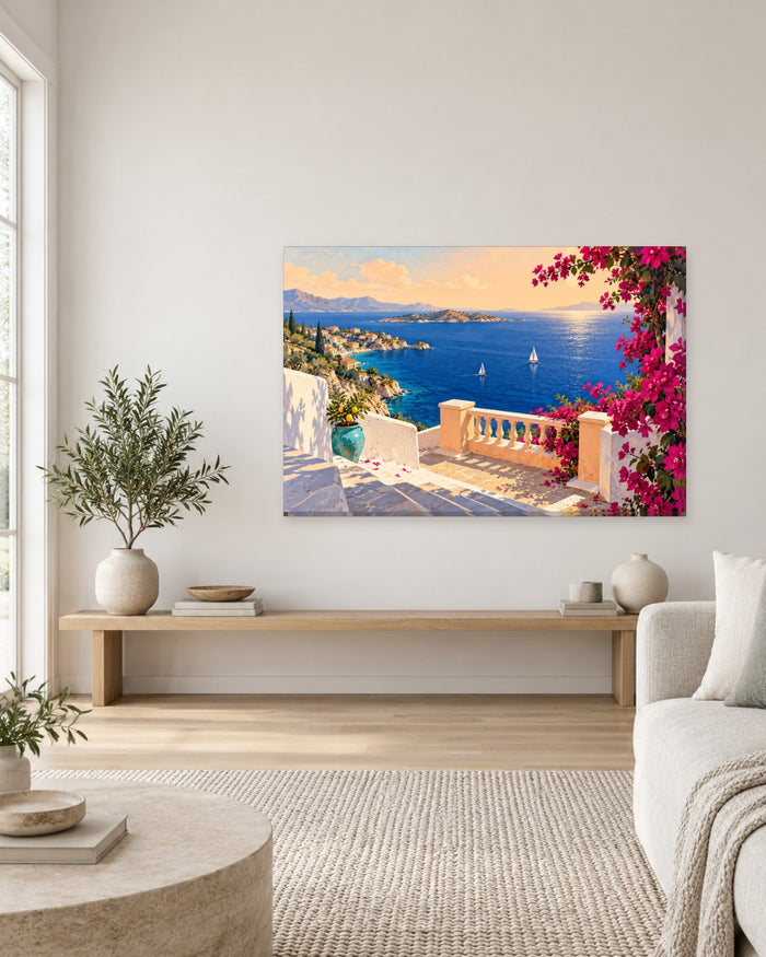 Pink bougainvillea over a terrace looking out to a blue bay with white sailing boats – Mediterranean canvas wall art