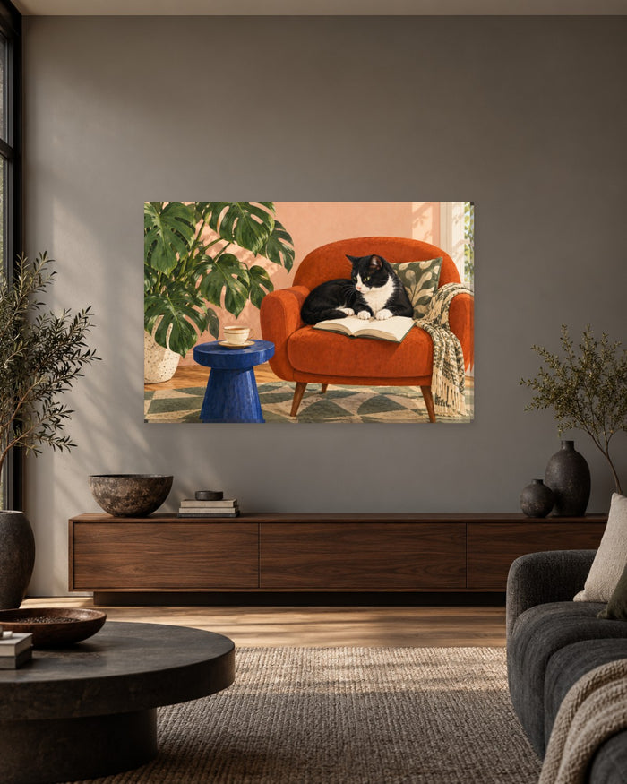 Black and white tuxedo cat asleep on a book in a rust armchair with a monstera plant – cat canvas wall art