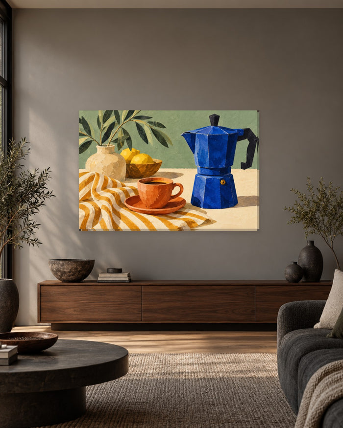 Cobalt blue moka pot, terracotta espresso cup and bowl of lemons on striped linen – coffee kitchen canvas wall art