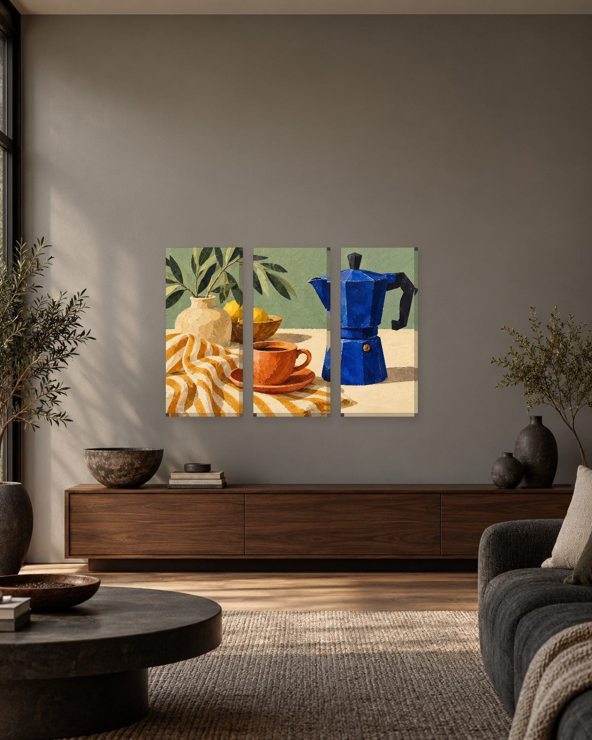 Cobalt blue moka pot, terracotta espresso cup and bowl of lemons on striped linen – coffee kitchen canvas wall art