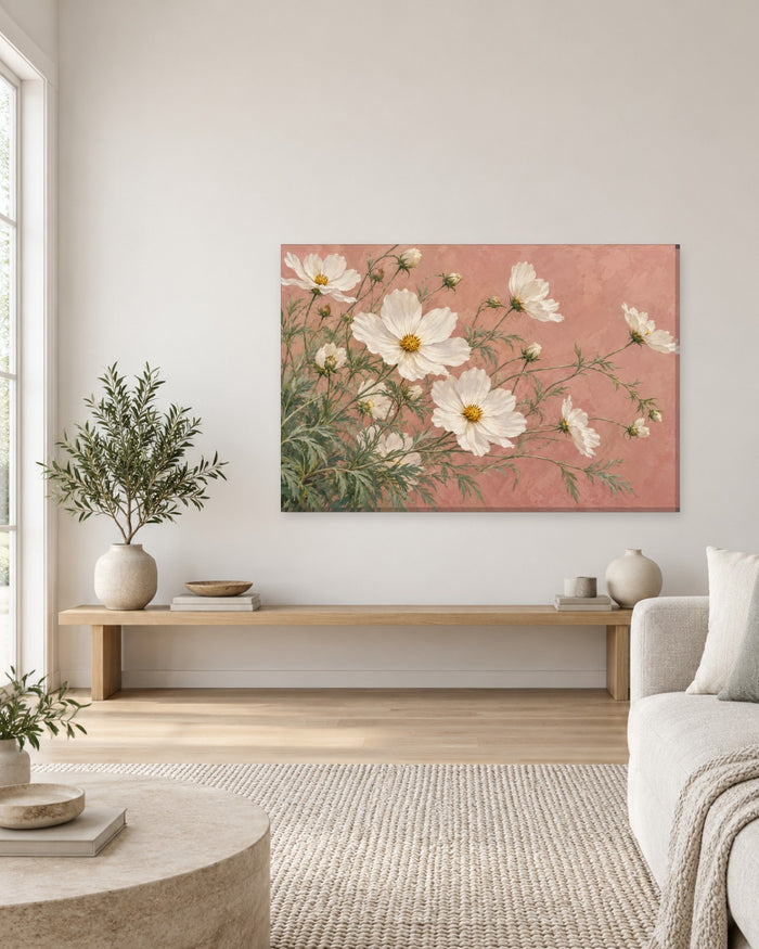 White cosmos flowers with golden centres on a dusty rose pink background – pink floral canvas wall art