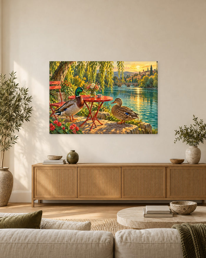 Two mallard ducks beside a red café table on a riverbank at sunset with a willow and stone bridge – duck canvas wall art