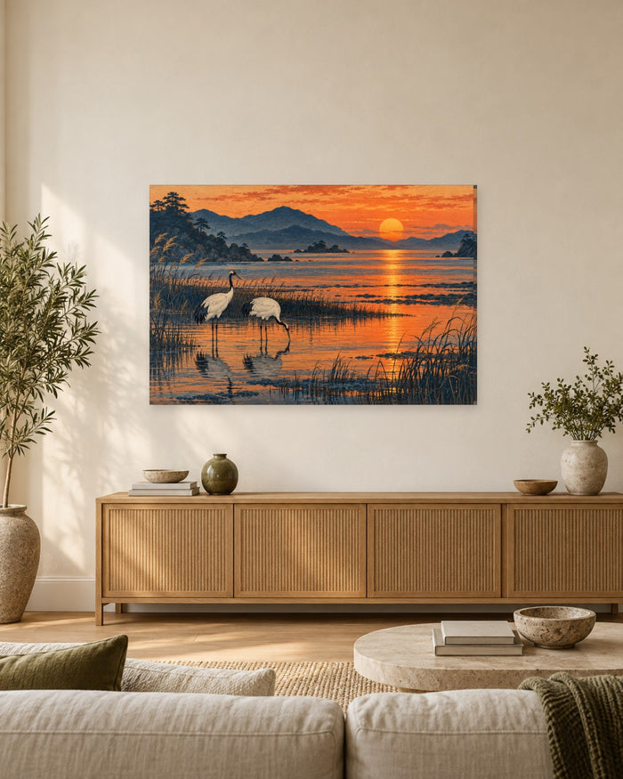 Two red-crowned cranes in reeds at an orange sunset over blue mountains – Japanese crane canvas wall art