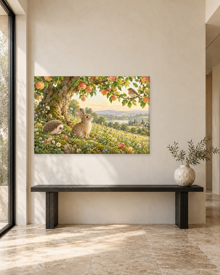 Rabbit and hedgehog among daisies under an apple tree with a robin above – woodland nursery canvas wall art