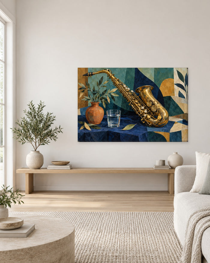 Gold saxophone on a navy table with a terracotta vase against teal and ochre cubist shapes – jazz canvas wall art