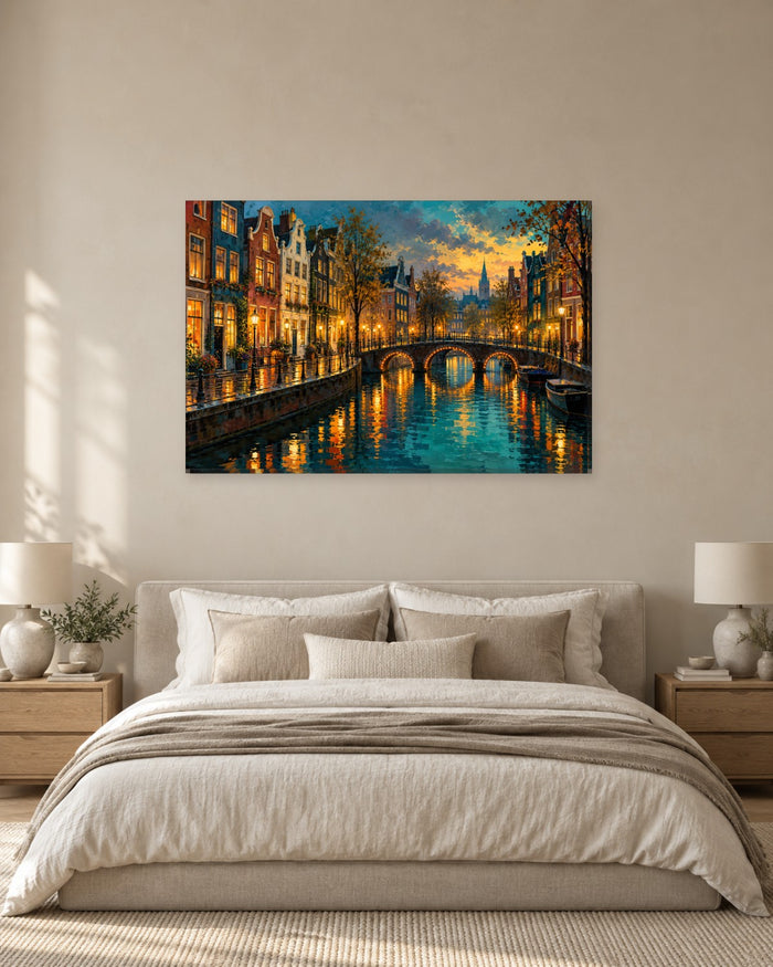 Gabled canal houses and street lamps reflected in a rainy canal at dusk – Amsterdam style canal canvas wall art