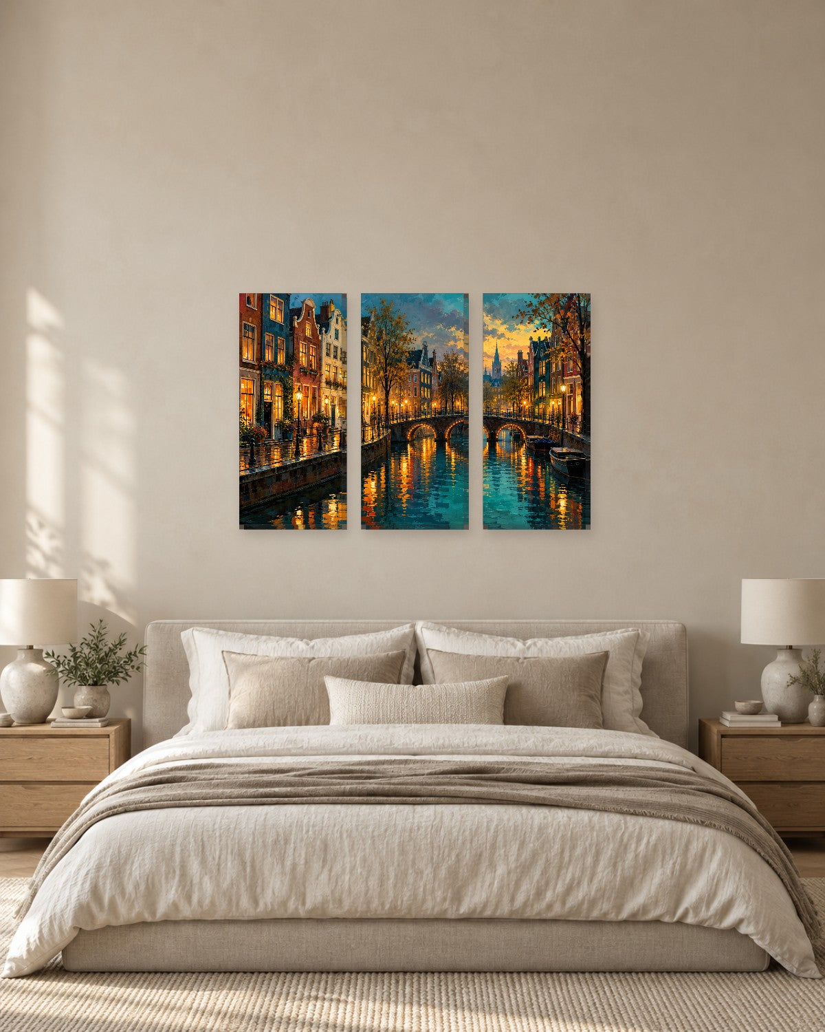 Rain on the Canal Canvas Wall Art - Amsterdam Style Canal Houses at Dusk - Gallery Canvas - 38mm / 48 x 32 / Unframed preview