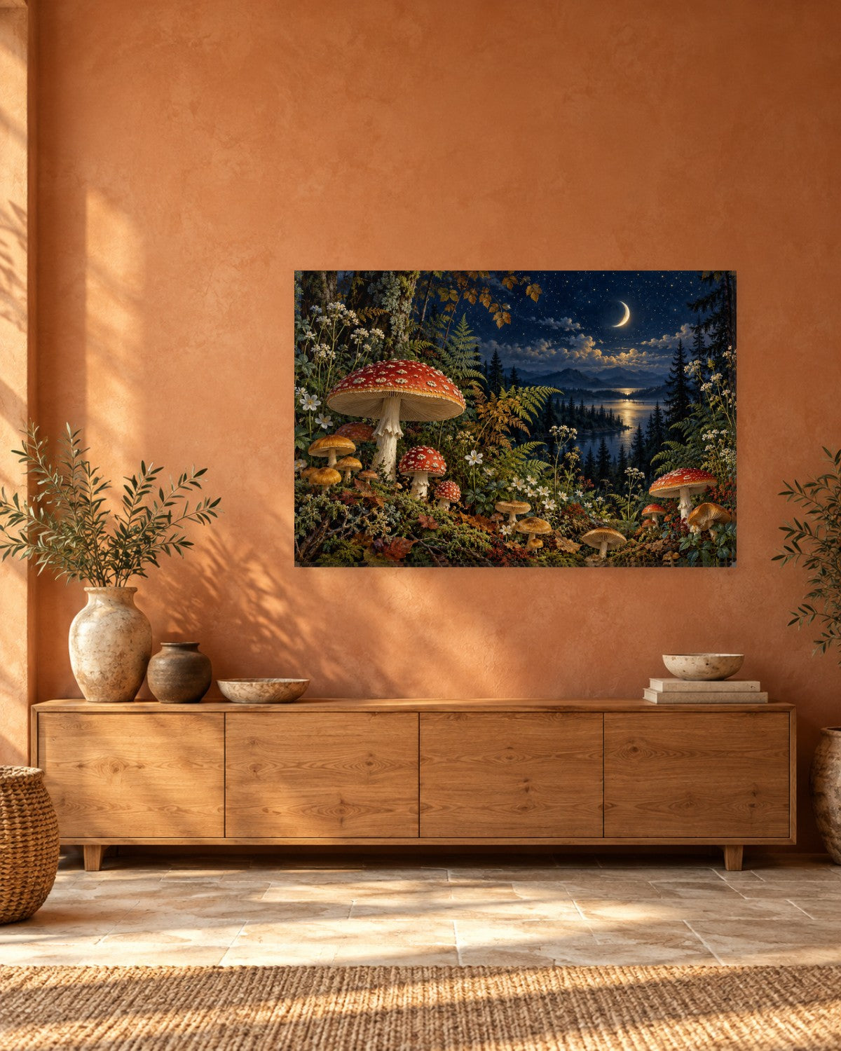 Red and white toadstools and ferns under a crescent moon beside a forest lake – mushroom canvas wall art