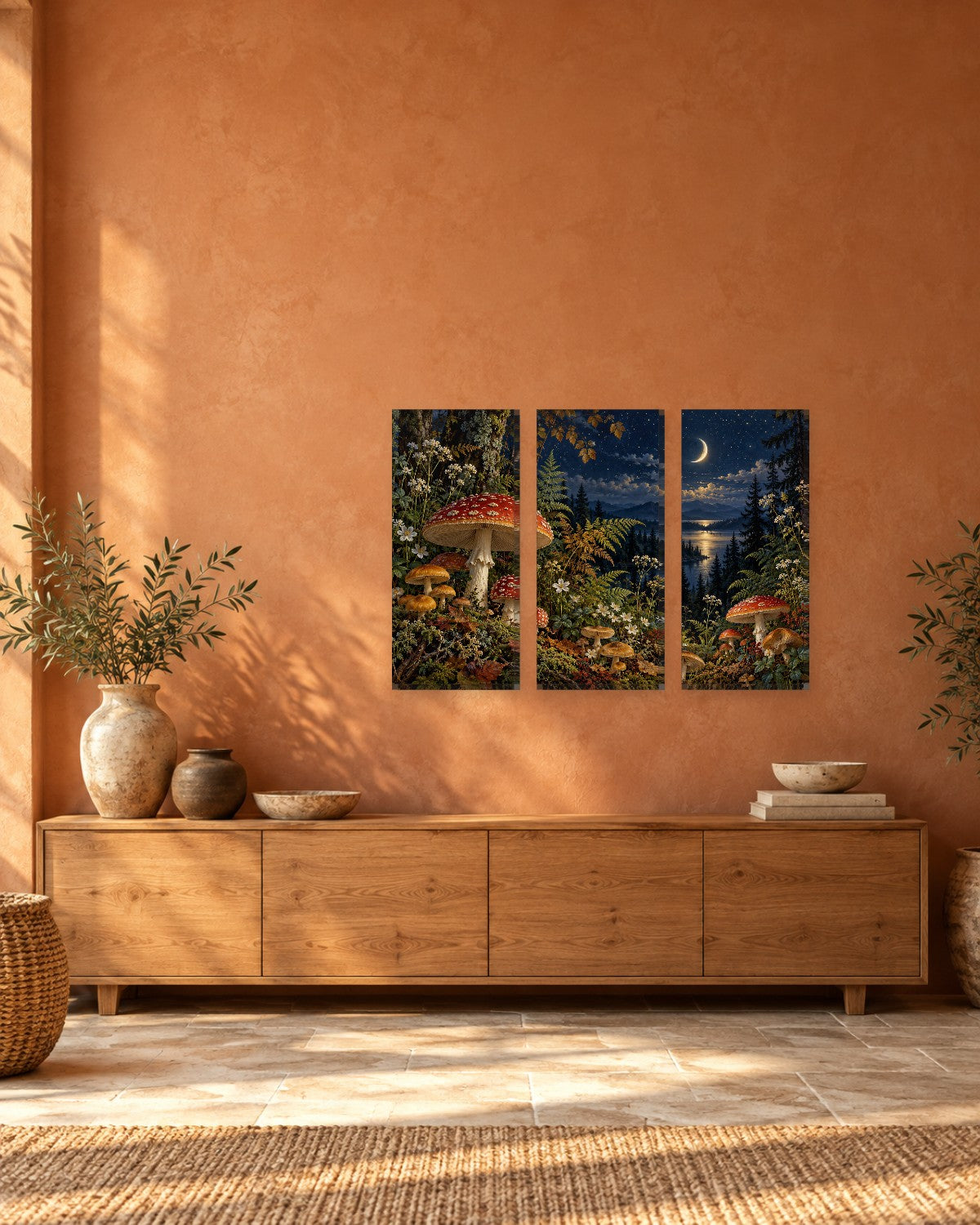 Red and white toadstools and ferns under a crescent moon beside a forest lake – mushroom canvas wall art