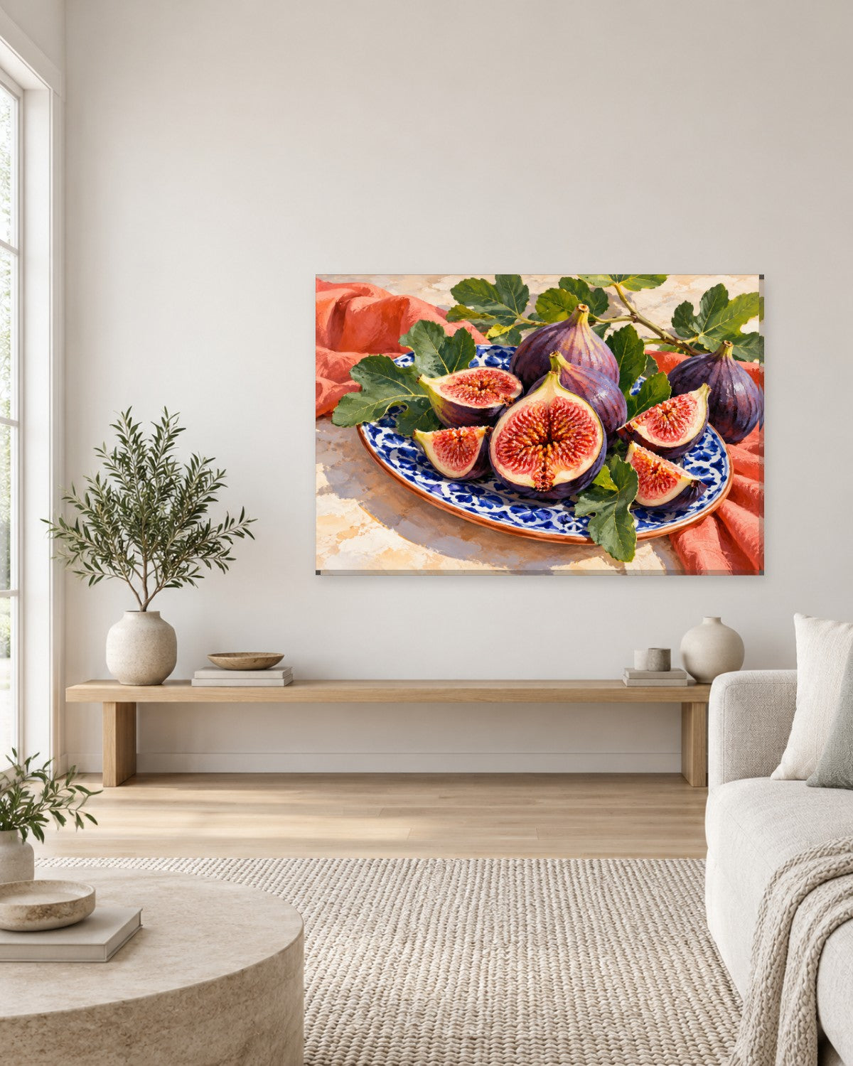 Ripe purple figs on a blue and white patterned plate with fig leaves and coral linen – fig kitchen canvas wall art