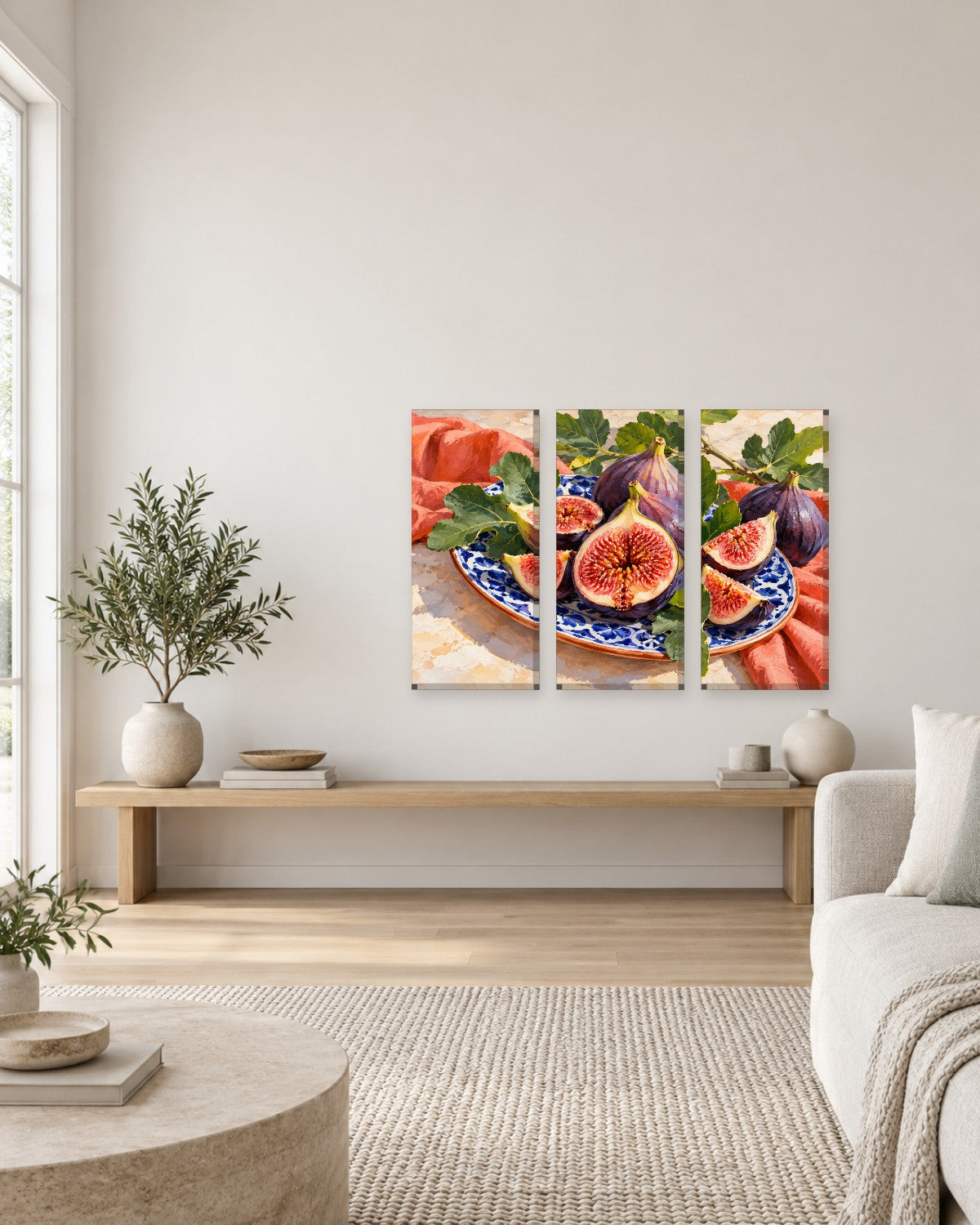 Ripe purple figs on a blue and white patterned plate with fig leaves and coral linen – fig kitchen canvas wall art