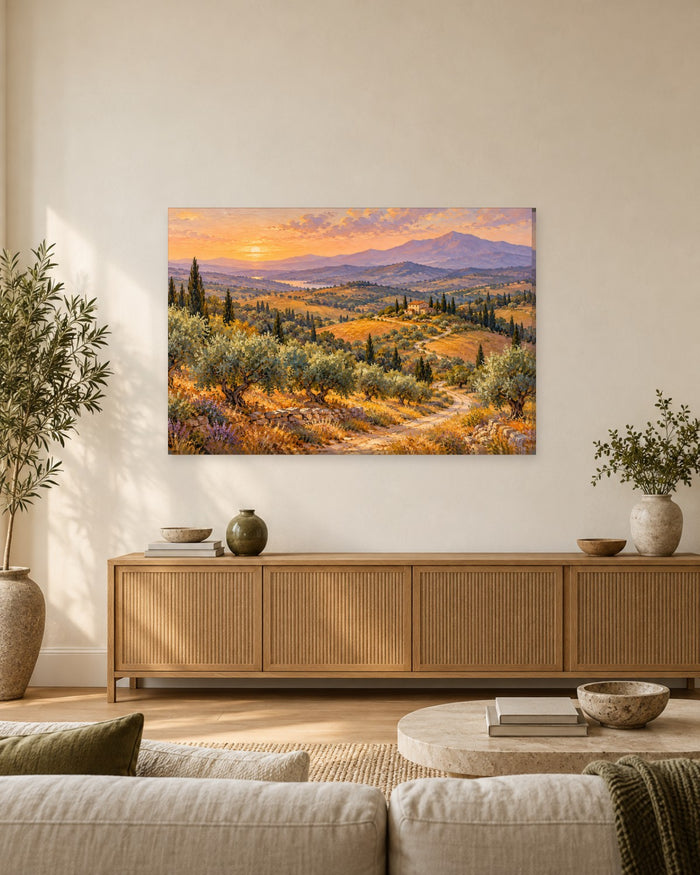 Olive groves and cypress trees leading to a farmhouse at sunset – Tuscan landscape canvas wall art