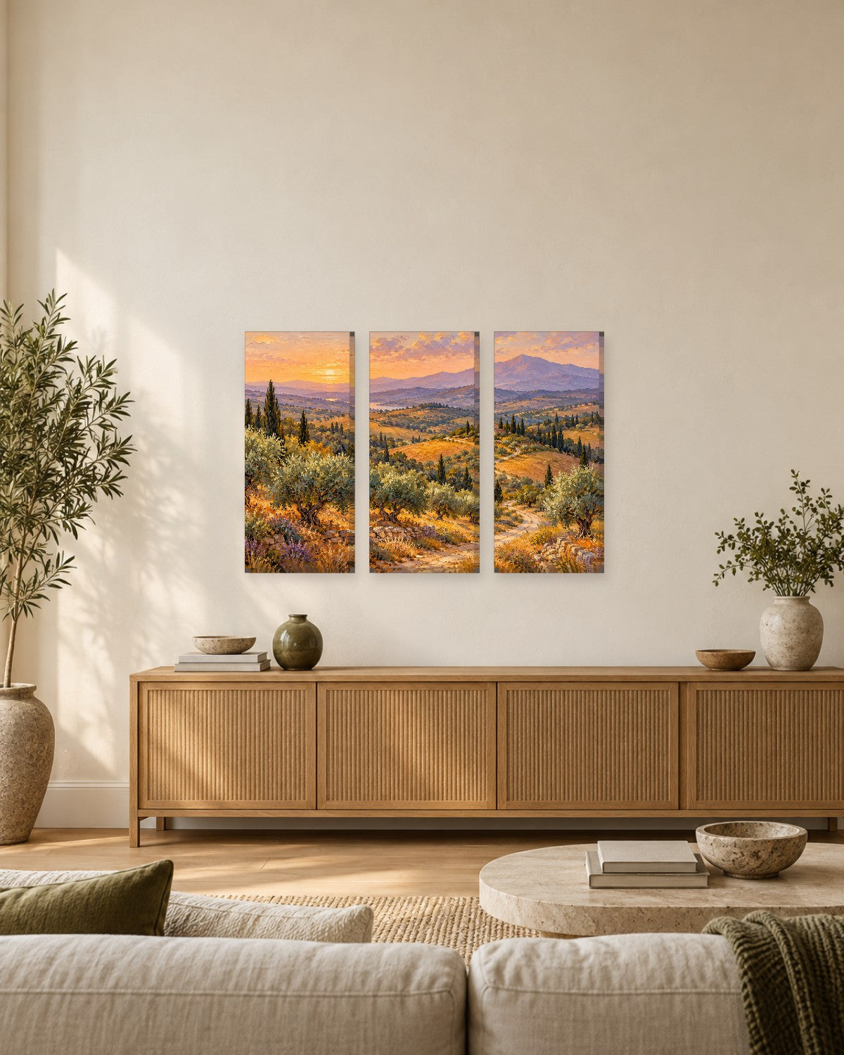Olive groves and cypress trees leading to a farmhouse at sunset – Tuscan landscape canvas wall art