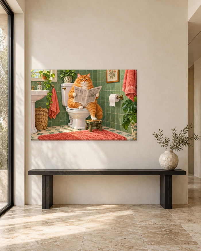 Fluffy ginger cat reading the newspaper on the toilet in a green tiled bathroom – funny bathroom canvas wall art