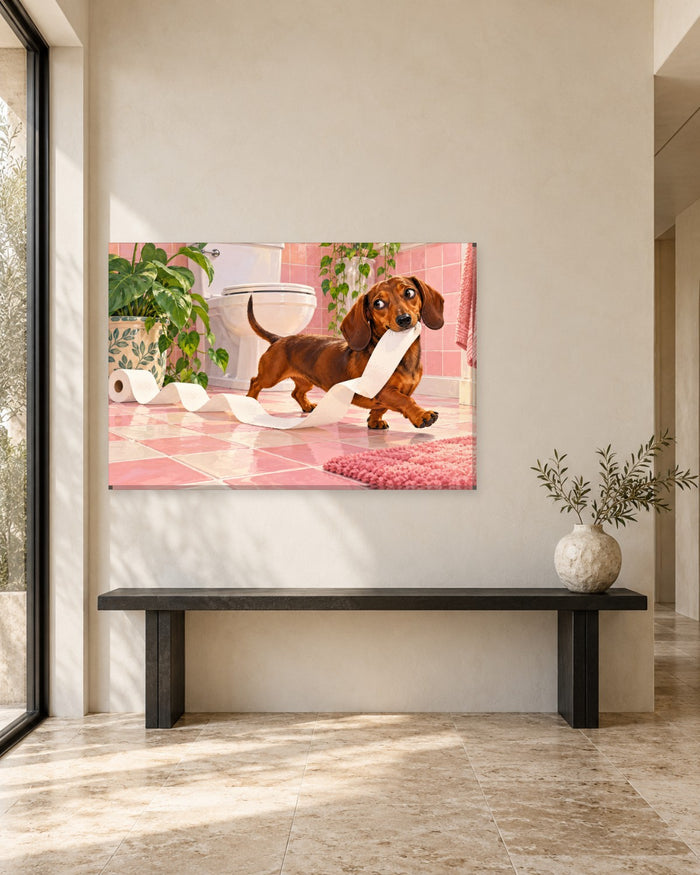 Dachshund running across a pink tiled bathroom with a trail of toilet roll in its mouth – funny bathroom canvas wall art