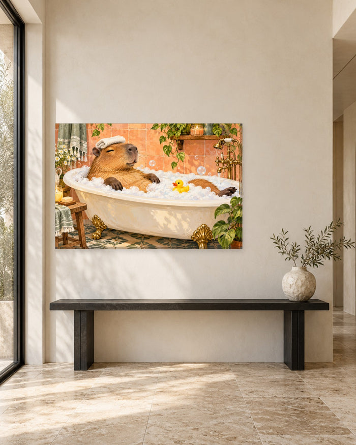 Capybara with a towel on its head relaxing in a bubble bath with a rubber duck – capybara bathroom canvas wall art
