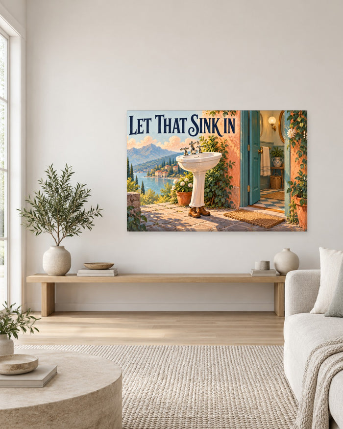 Let That Sink In lettering above a pedestal sink wearing boots on a lakeside terrace – funny bathroom canvas wall art