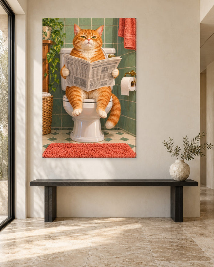 Grumpy ginger tabby cat reading a newspaper on the toilet in a sage tiled bathroom – tall funny bathroom canvas