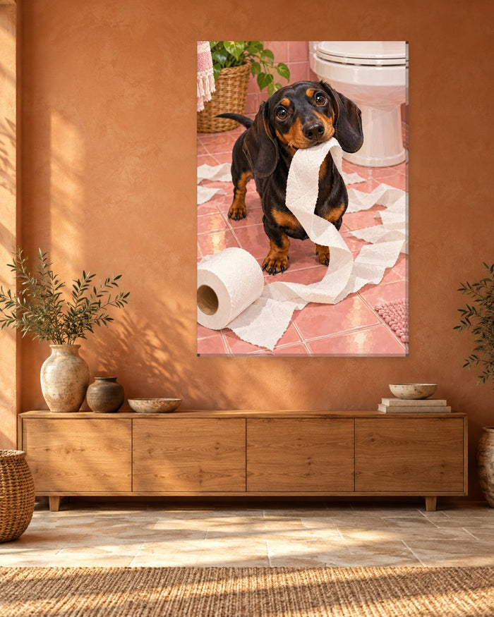 Black and tan dachshund holding toilet paper beside an unravelled roll on pink tiles – tall funny bathroom canvas