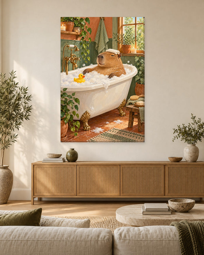 Sleepy capybara with a towel on its head in a clawfoot bubble bath with a rubber duck – tall bathroom canvas
