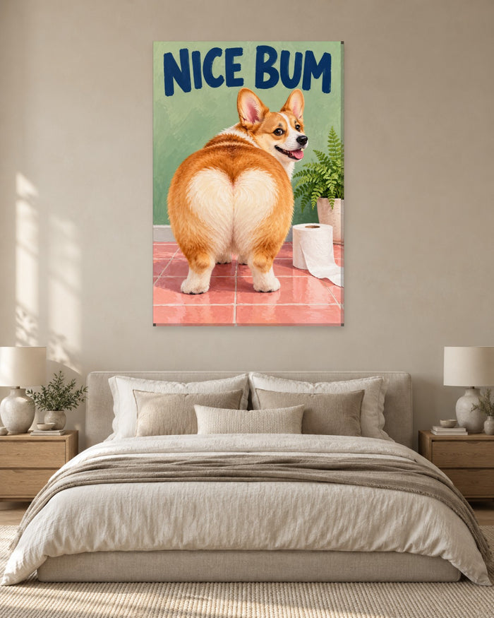Smiling corgi showing its fluffy bottom under Nice Bum lettering on sage and pink tiles – tall funny bathroom canvas