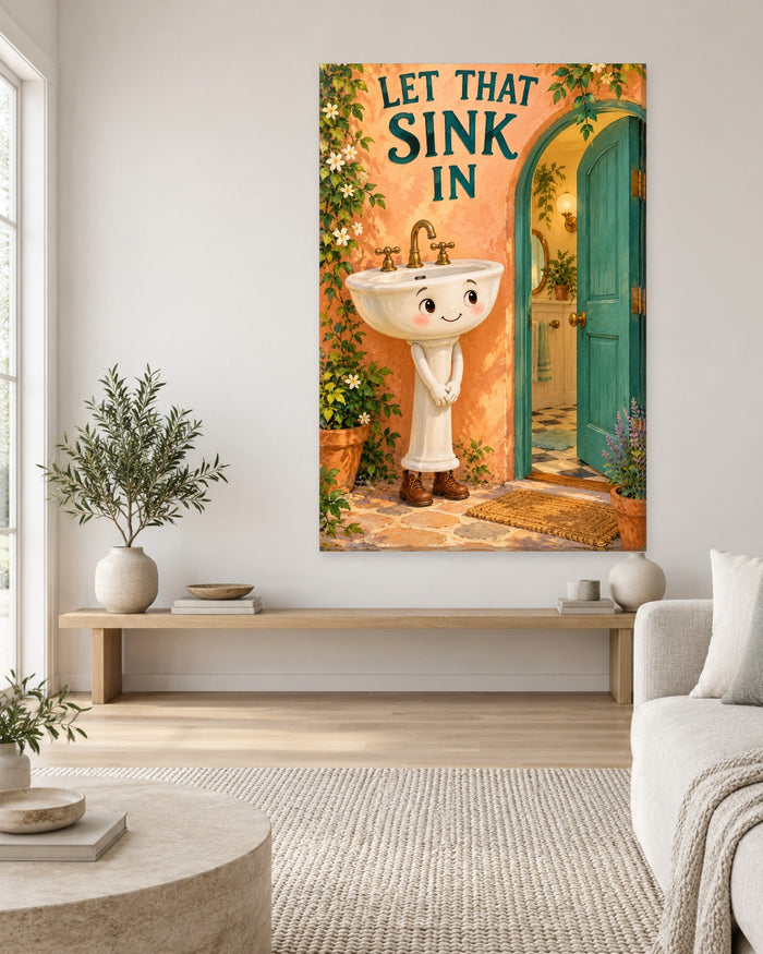 Smiling pedestal sink in brown boots by a teal door under Let That Sink In lettering – tall funny bathroom canvas