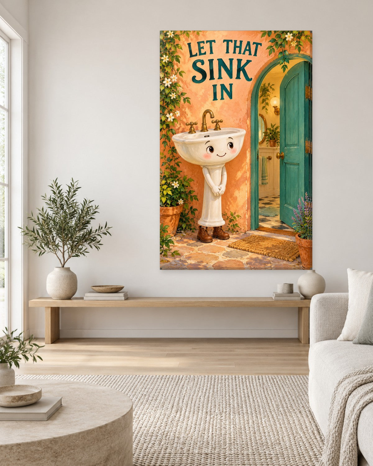 Smiling pedestal sink in brown boots by a teal door under Let That Sink In lettering – tall funny bathroom canvas